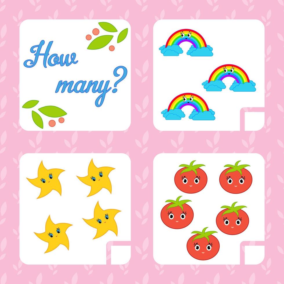 Counting game for preschool children for the development of mathematical abilities. Count the number of objects in the picture. With a place for answers. Simple flat isolated vector illustration.