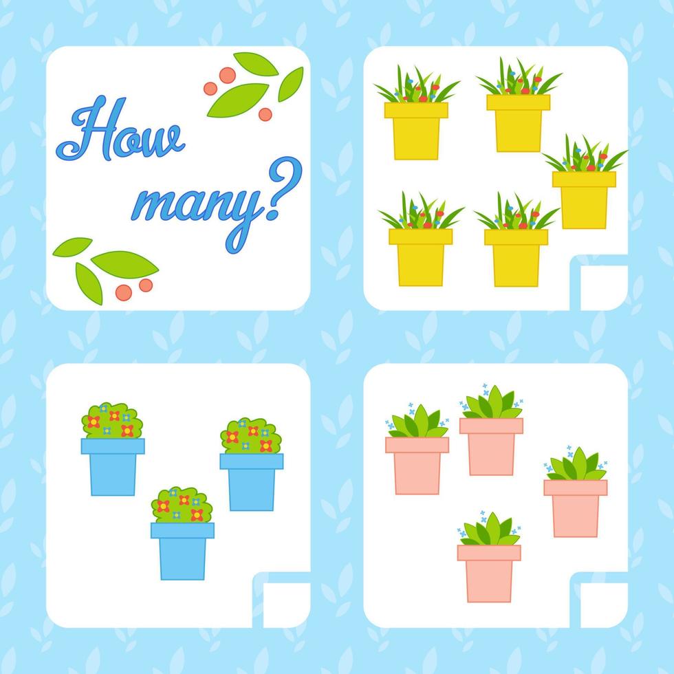 Counting game for preschool children for the development of mathematical abilities. Count the number of objects in the picture. With a place for answers. Simple flat isolated vector illustration.