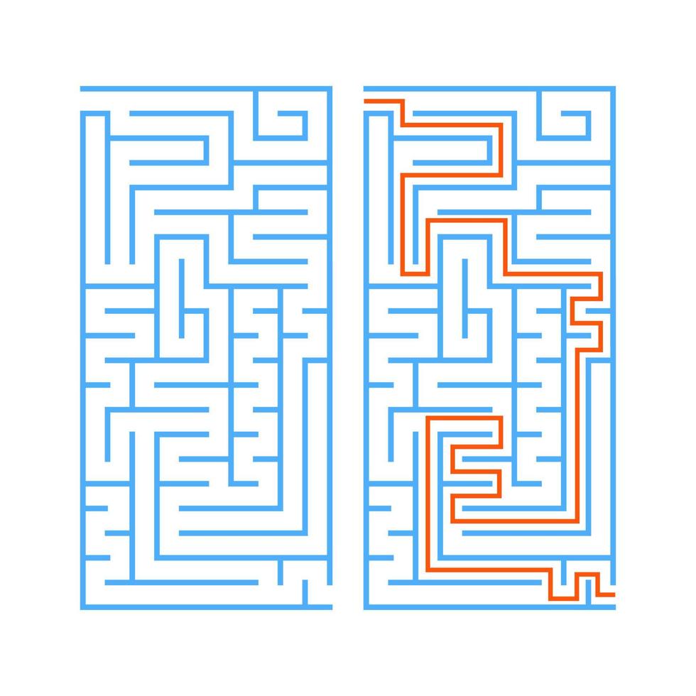 Black rectangular labyrinth with an input and an exit. An interesting and useful game for children. Simple flat vector illustration isolated on white background. With the answer.