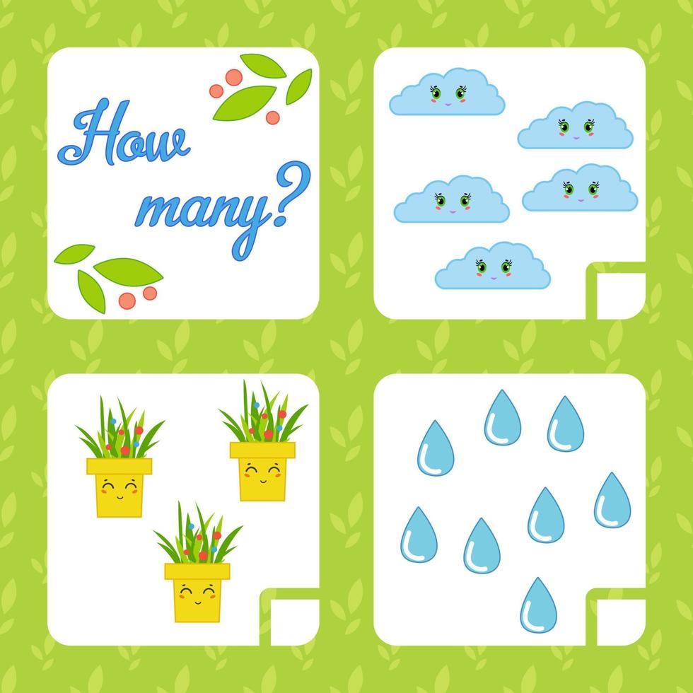 Counting game for preschool children for the development of mathematical abilities. Count the number of objects in the picture. With a place for answers. Simple flat isolated vector illustration.
