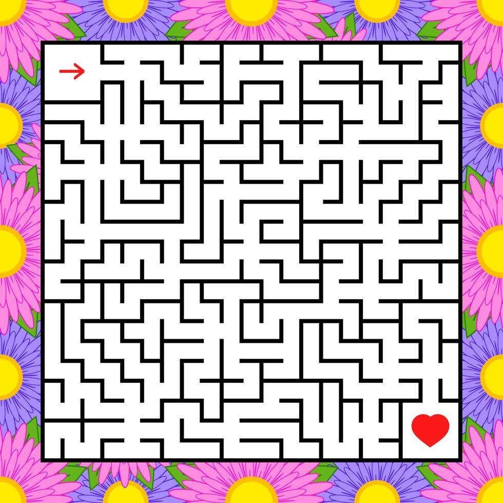 Abstract square maze. An interesting and useful game for children. Find the path from arrow to heart. Simple flat vector illustration isolated on white background. With a bright floral frame.