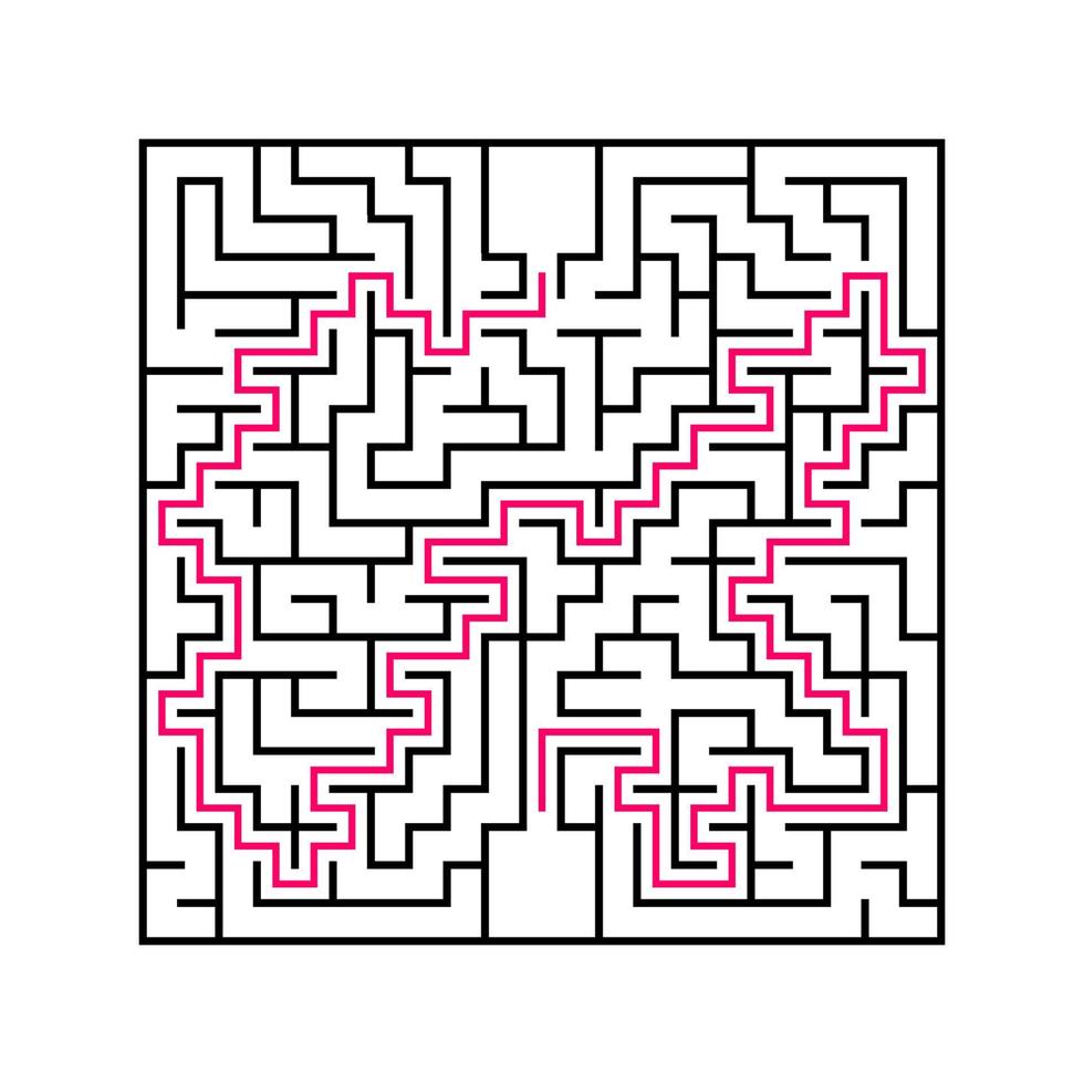 Black square maze with entrance and exit. An interesting and useful game for children. Simple flat vector illustration isolated on white background. With the answer.