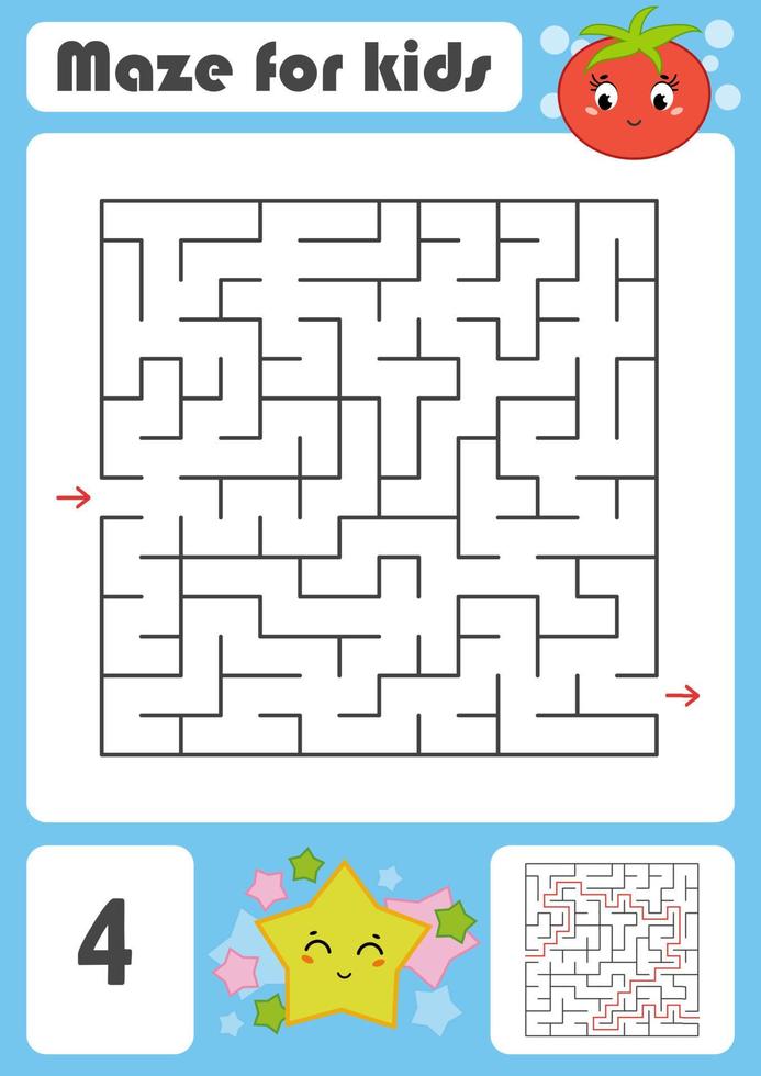 A square labyrinth with a cartoon character. Pretty tomato and star. An interesting and developing game for children. Simple flat isolated vector illustration.