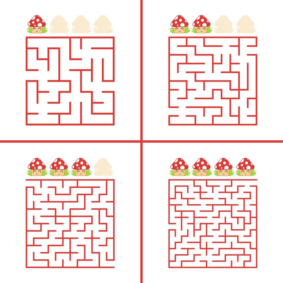 Set of colored square mazes for children. A puzzle game. Simple flat vector illustration isolated on white background.