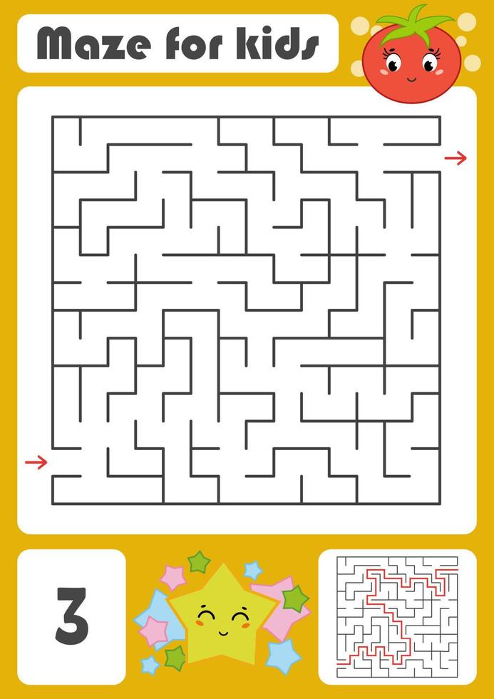 A square labyrinth with a cartoon character. Pretty tomato and star. An interesting and developing game for children. Simple flat isolated vector illustration.