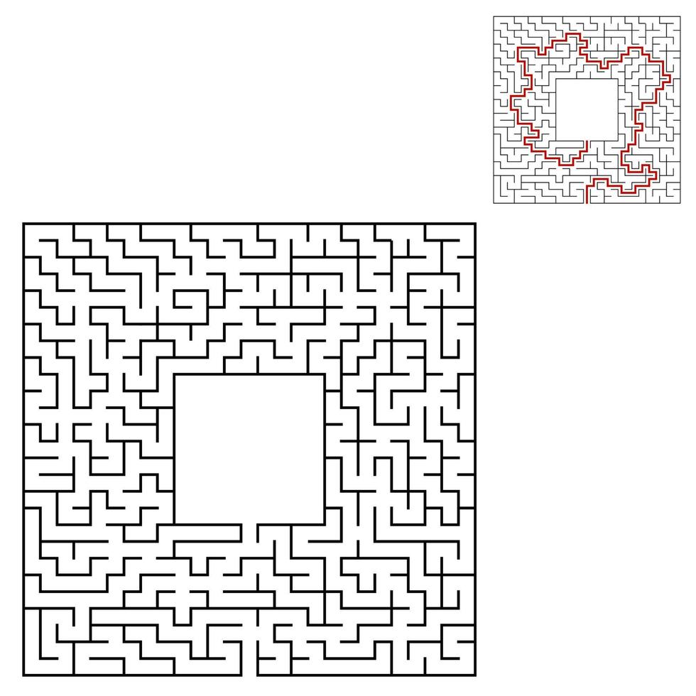 Black square maze with entrance and exit. An interesting and useful game for children. Simple flat vector illustration isolated on white background. With a place for your drawings. With the answer.