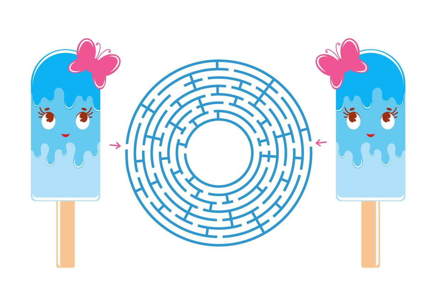 Colorful round maze with a lovely cartoon character. Funny ice cream. An interesting and useful game for children. Simple flat vector illustration isolated on white background.