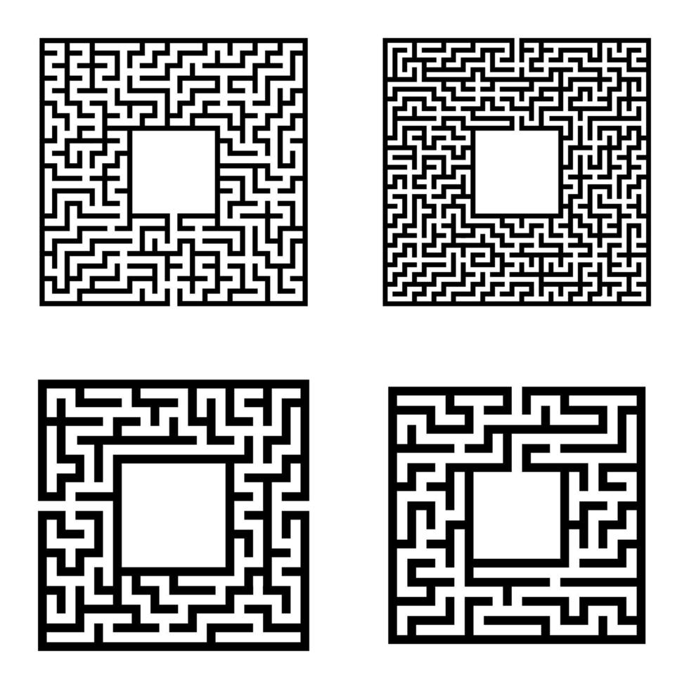 Black abstract square maze with a place for your image. Set of four puzzles. An interesting and useful game for kids. A simple flat vector illustration isolated on a white background.