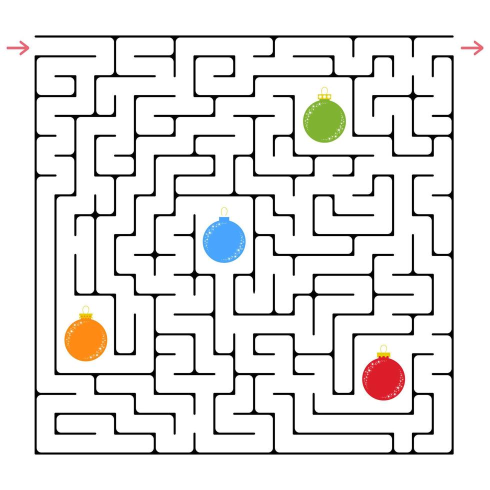 Abstract square maze. An interesting and useful game for children. Collect all the Christmas balls. Simple flat vector illustration isolated on white background.