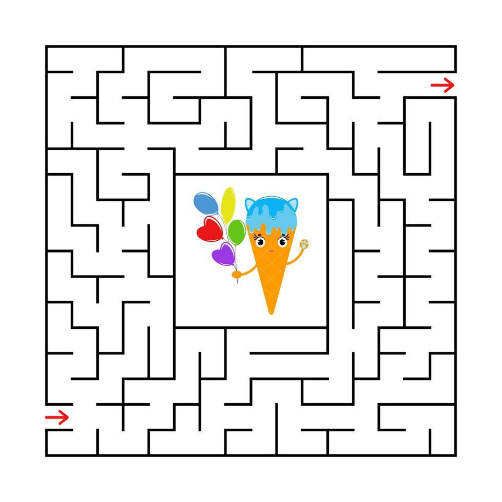 Abstract square maze with a cute color cartoon character. Funny ice cream. An interesting and useful game for children. Simple flat vector illustration isolated on white background.