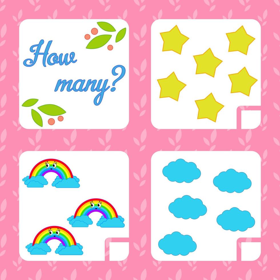 Counting game for preschool children for the development of mathematical abilities. Count the number of objects in the picture. With a place for answers. Simple flat isolated vector illustration.