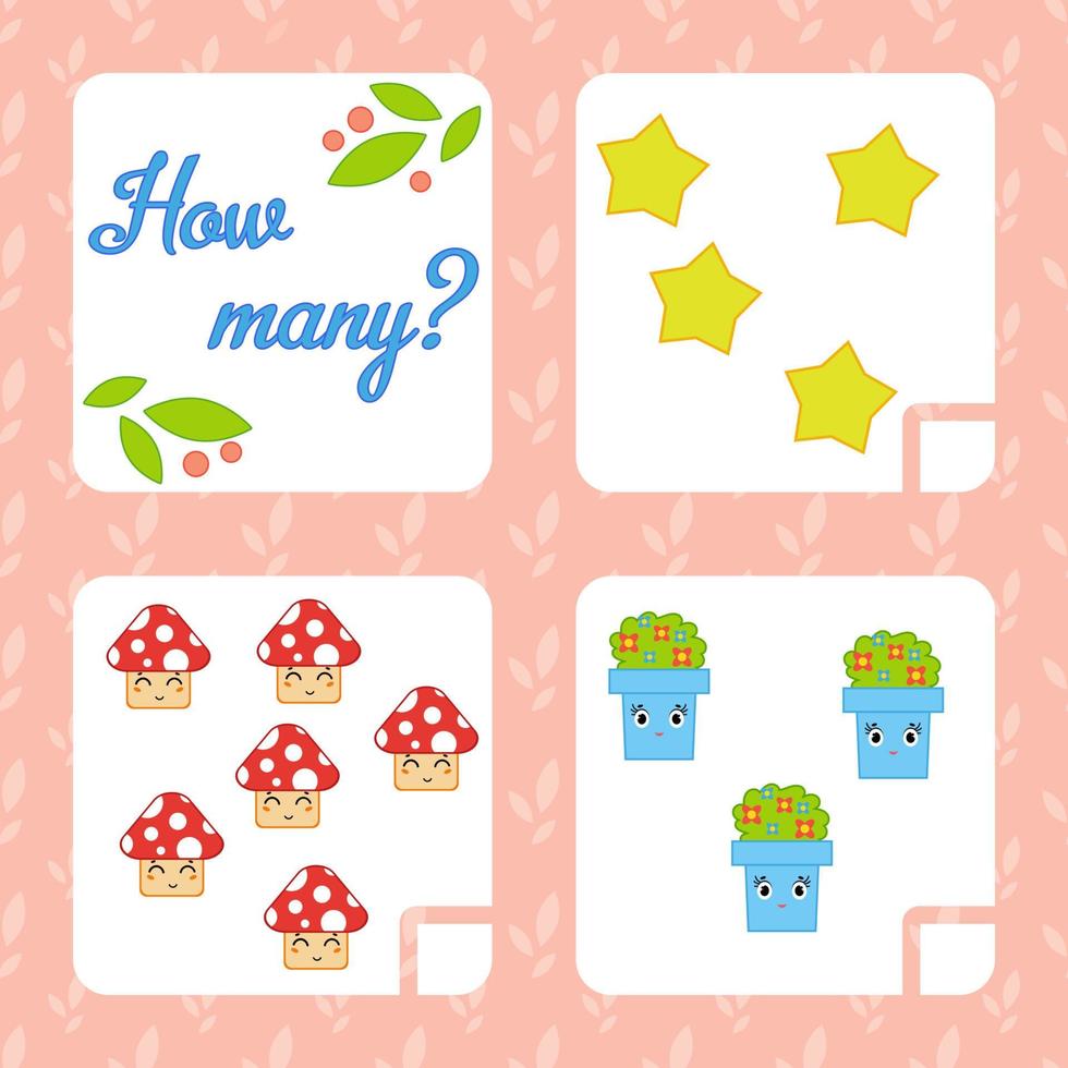 Counting game for preschool children for the development of mathematical abilities. Count the number of objects in the picture. With a place for answers. Simple flat isolated vector illustration.