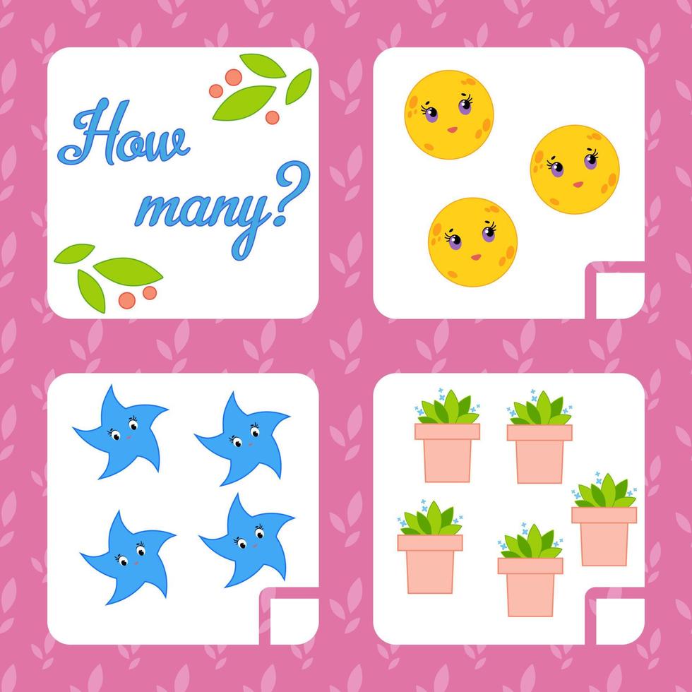 Counting game for preschool children for the development of mathematical abilities. Count the number of objects in the picture. With a place for answers. Simple flat isolated vector illustration.