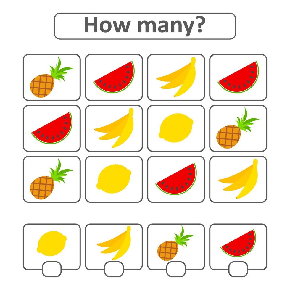 Game for preschool children. Count as many fruits in the picture and write down the result. With a place for answers. Simple flat isolated vector illustration.
