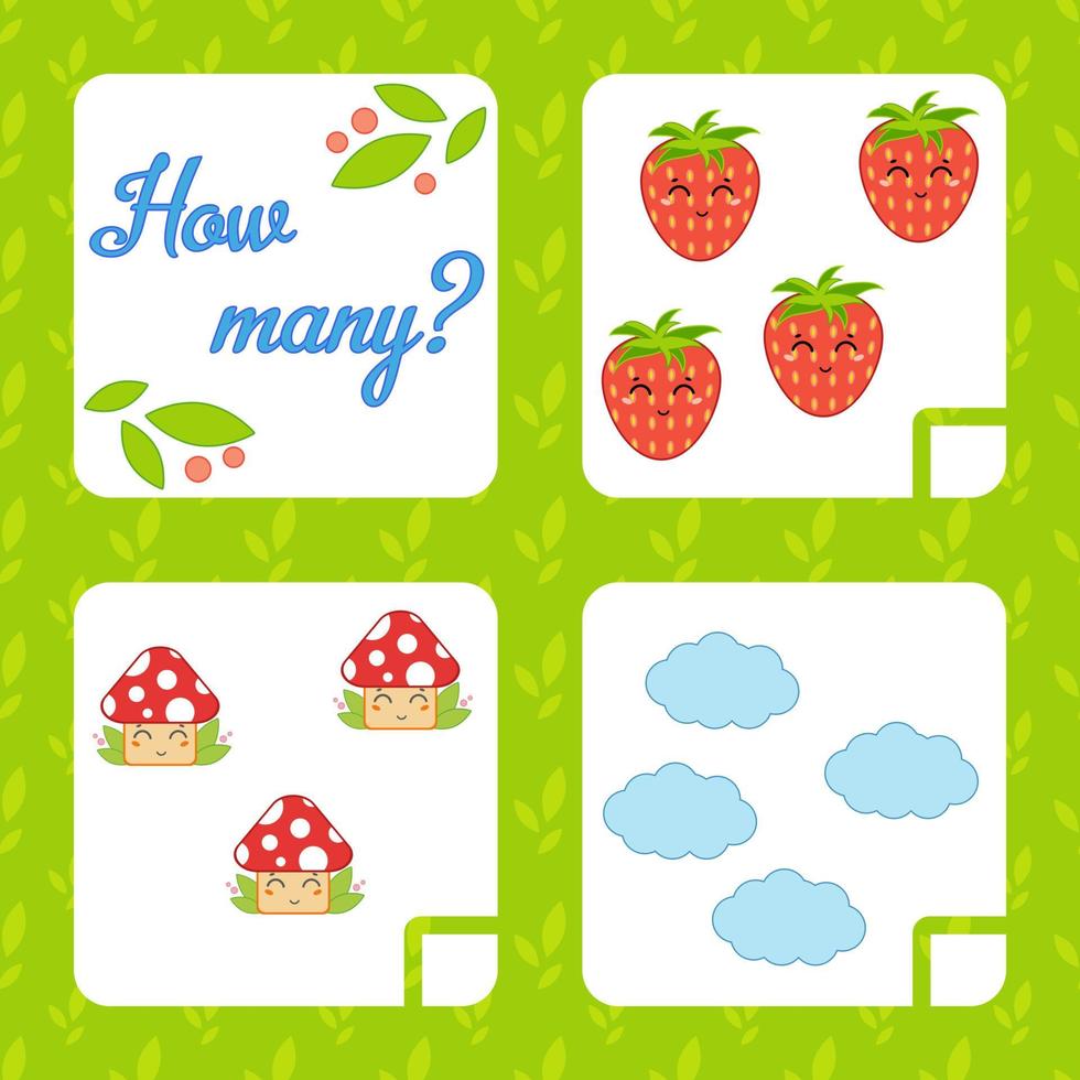 Counting game for preschool children for the development of mathematical abilities. Count the number of objects in the picture. With a place for answers. Simple flat isolated vector illustration.