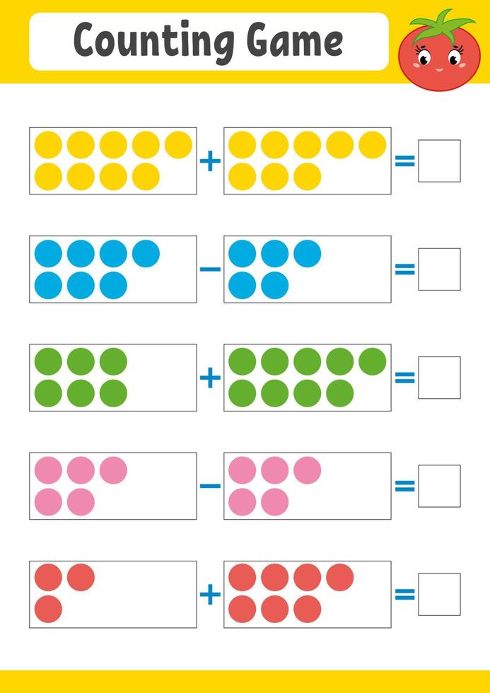 Counting game for preschoolers. Educational mathematical game on addition and subtraction. Active worksheet for kids. Bright vector illustration