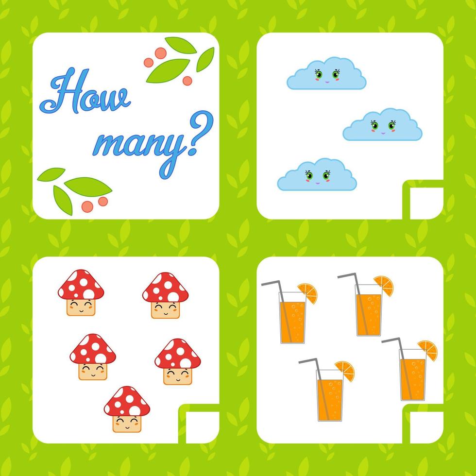 Counting game for preschool children for the development of mathematical abilities. Count the number of objects in the picture. With a place for answers. Simple flat isolated vector illustration.