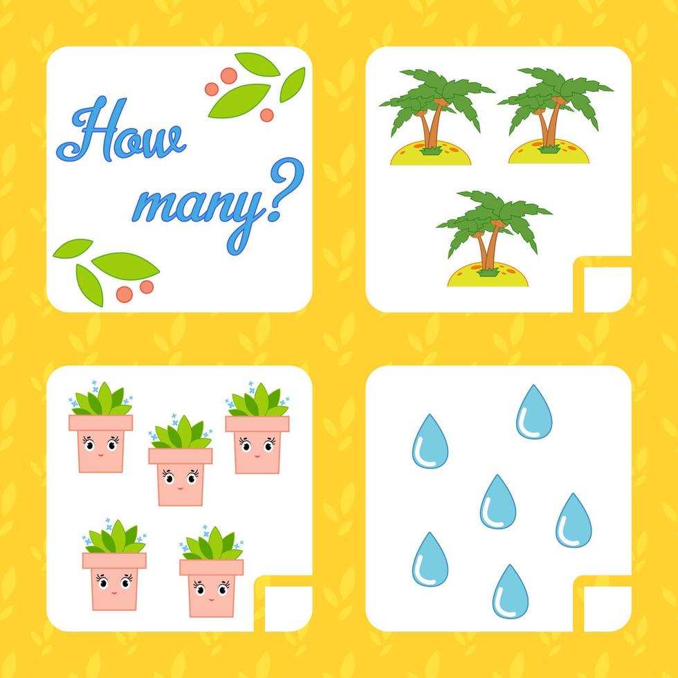 Counting game for preschool children for the development of mathematical abilities. Count the number of objects in the picture. With a place for answers. Simple flat isolated vector illustration.