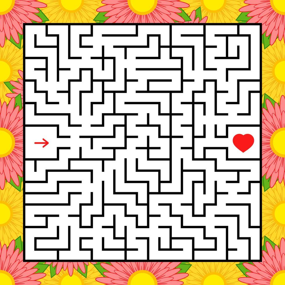 Abstract square maze. An interesting and useful game for children. Find the path from arrow to heart. Simple flat vector illustration isolated on white background. With a bright floral frame.