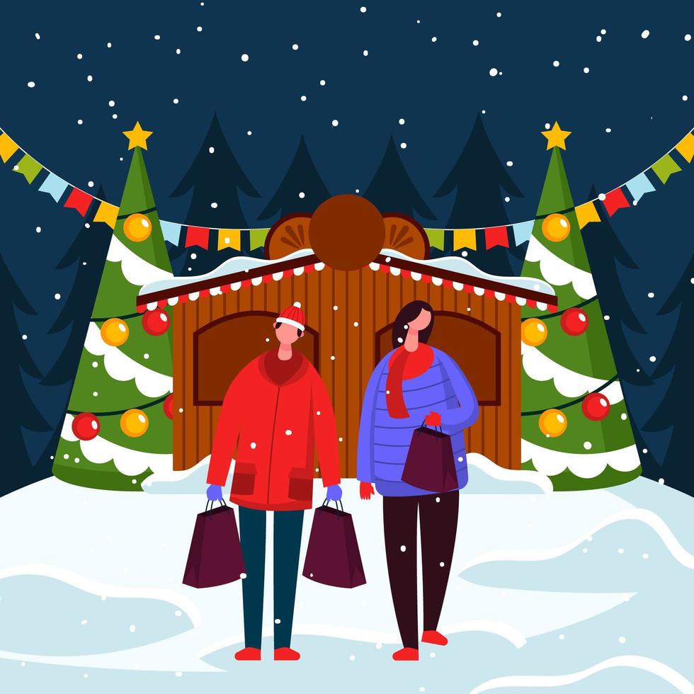 A Couple Shopping at a Christmas Village Festival vector