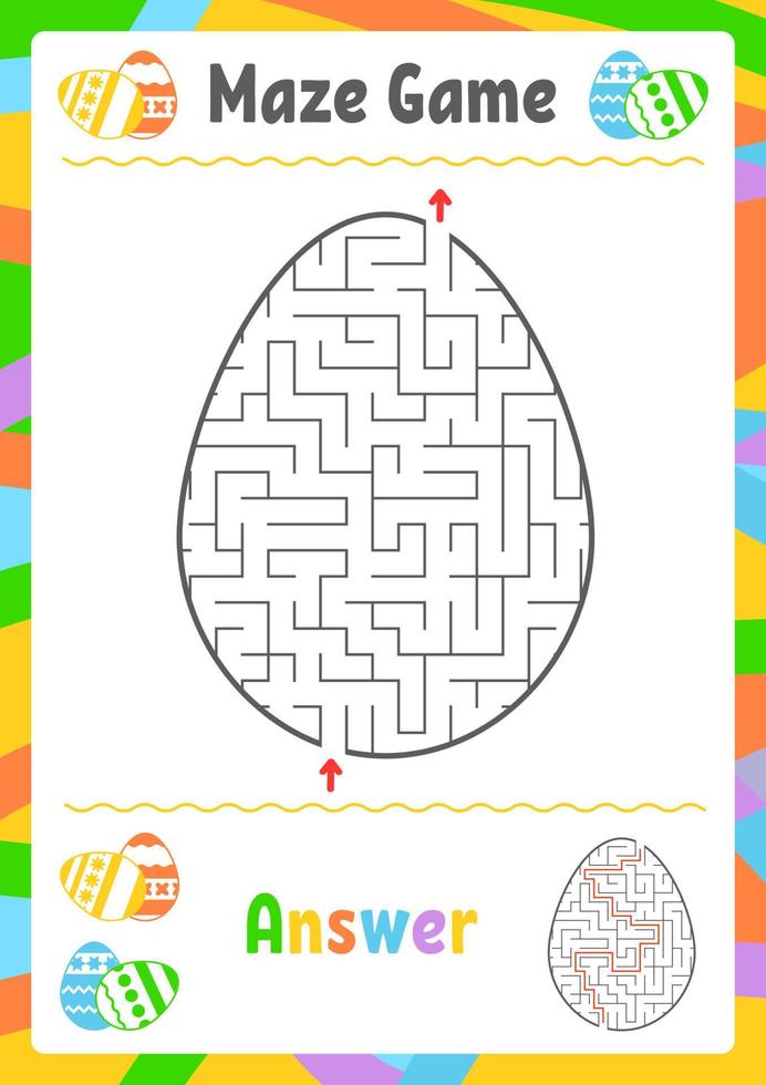 Black oval labyrinth. Kids worksheets. Activity page. Game puzzle for children. Egg, holiday, Easter. Maze conundrum. Vector illustration. With answer.