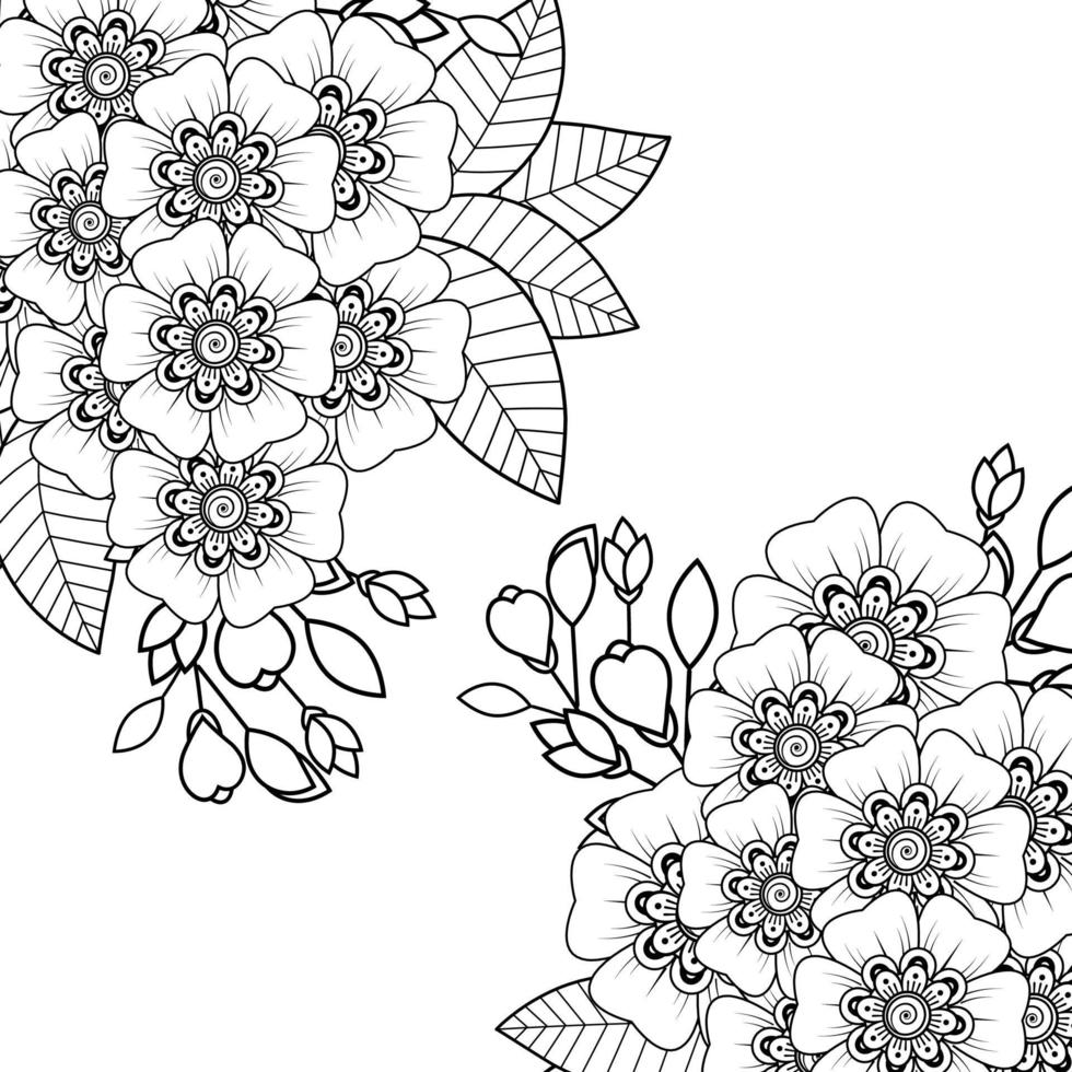 Esquema de patrón de flores cuadradas en estilo mehndi para colorear la página del libro vector