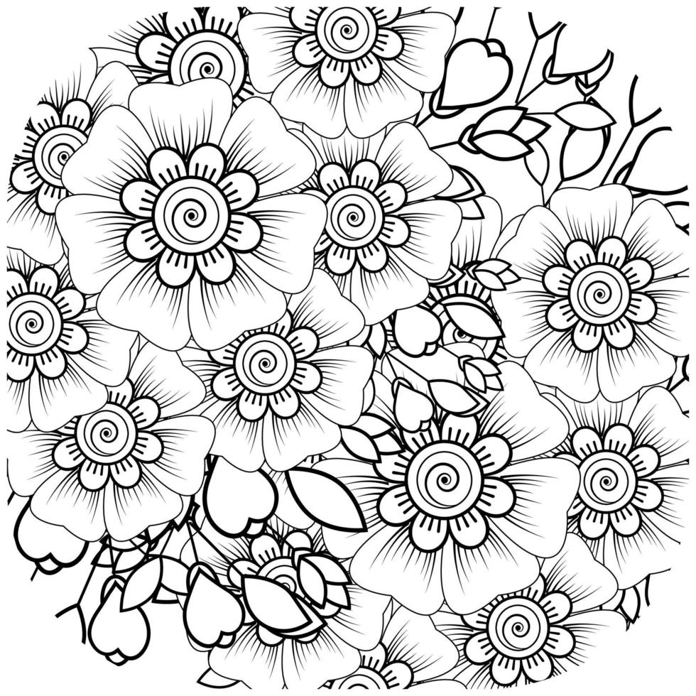 Outline square flower pattern in mehndi style for coloring book page vector