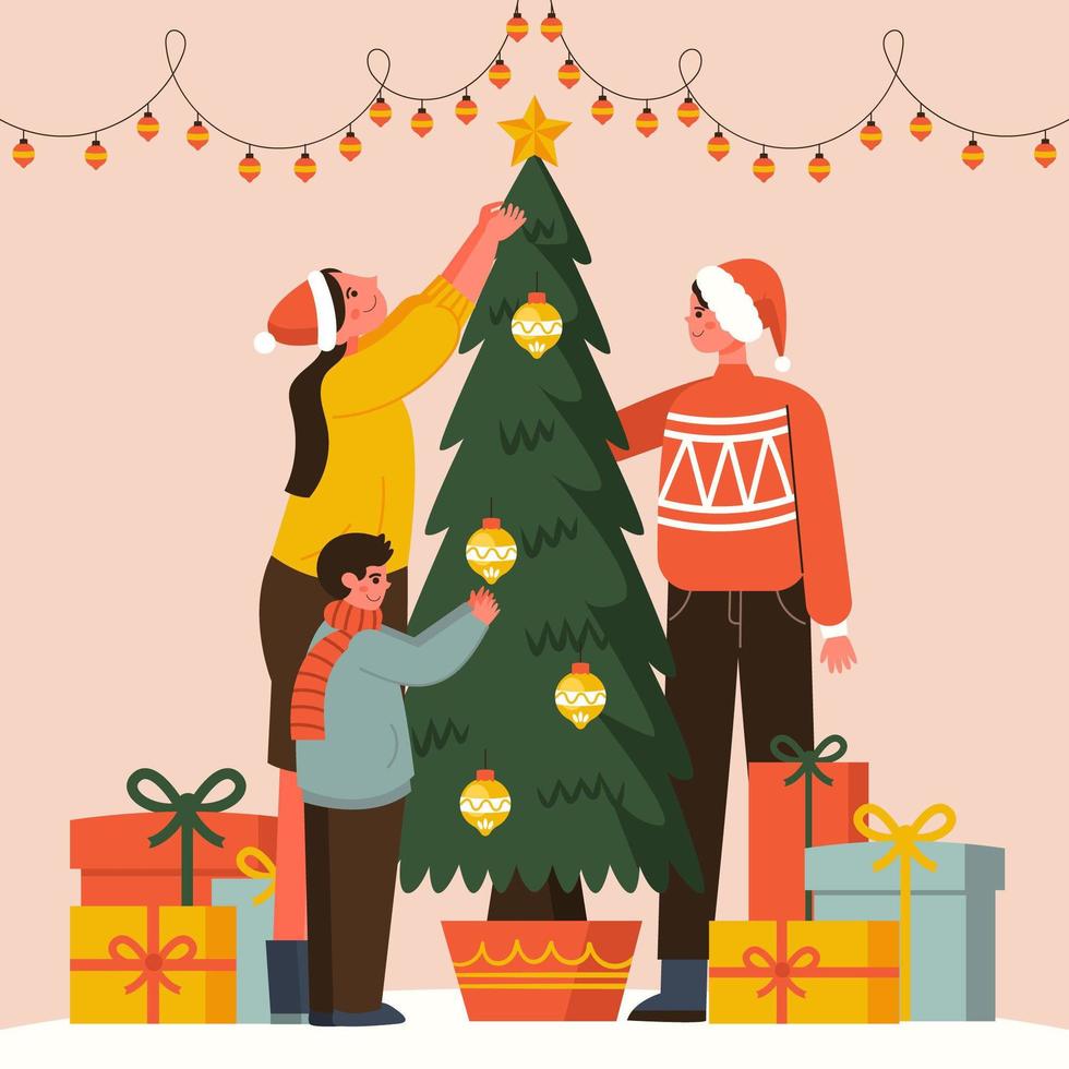 una familia decorando el árbol de navidad vector