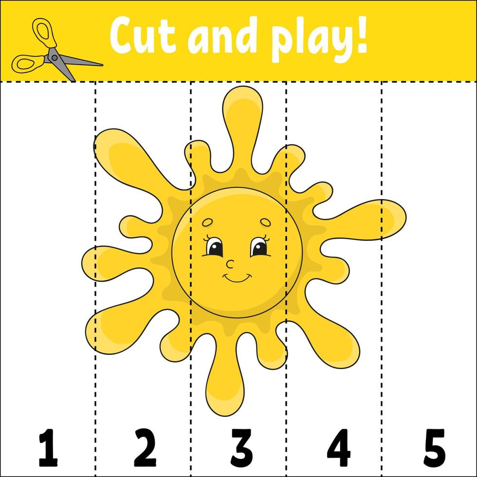 Learning numbers. Cut and play. Education developing worksheet. Game for kids. Activity page. Puzzle for children. Riddle for preschool. Flat isolated vector illustration. Cute cartoon style.