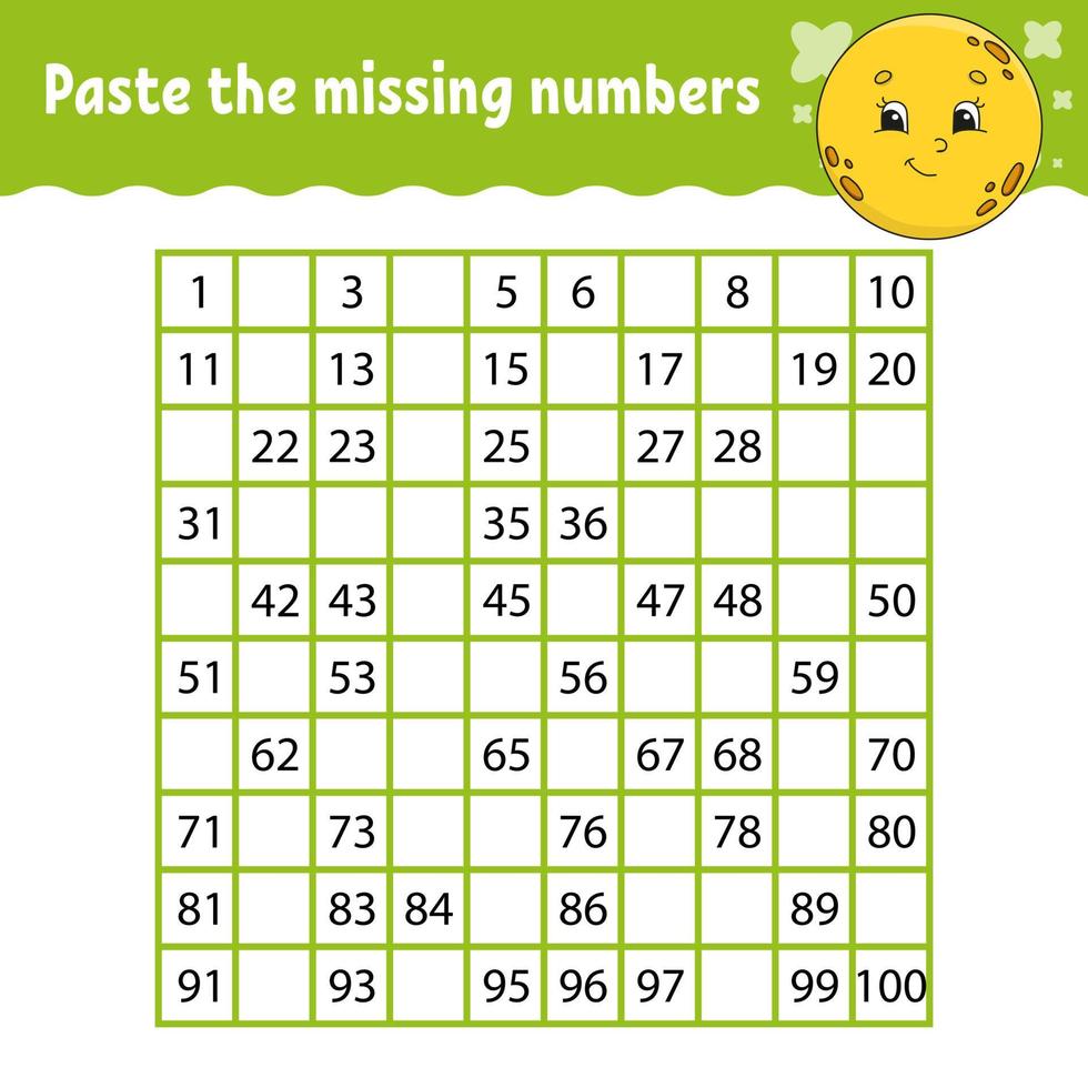 Paste the missing numbers. Handwriting practice. Learning numbers for kids. Education developing worksheet. Activity page. Game for children. Isolated vector illustration in cute cartoon style.