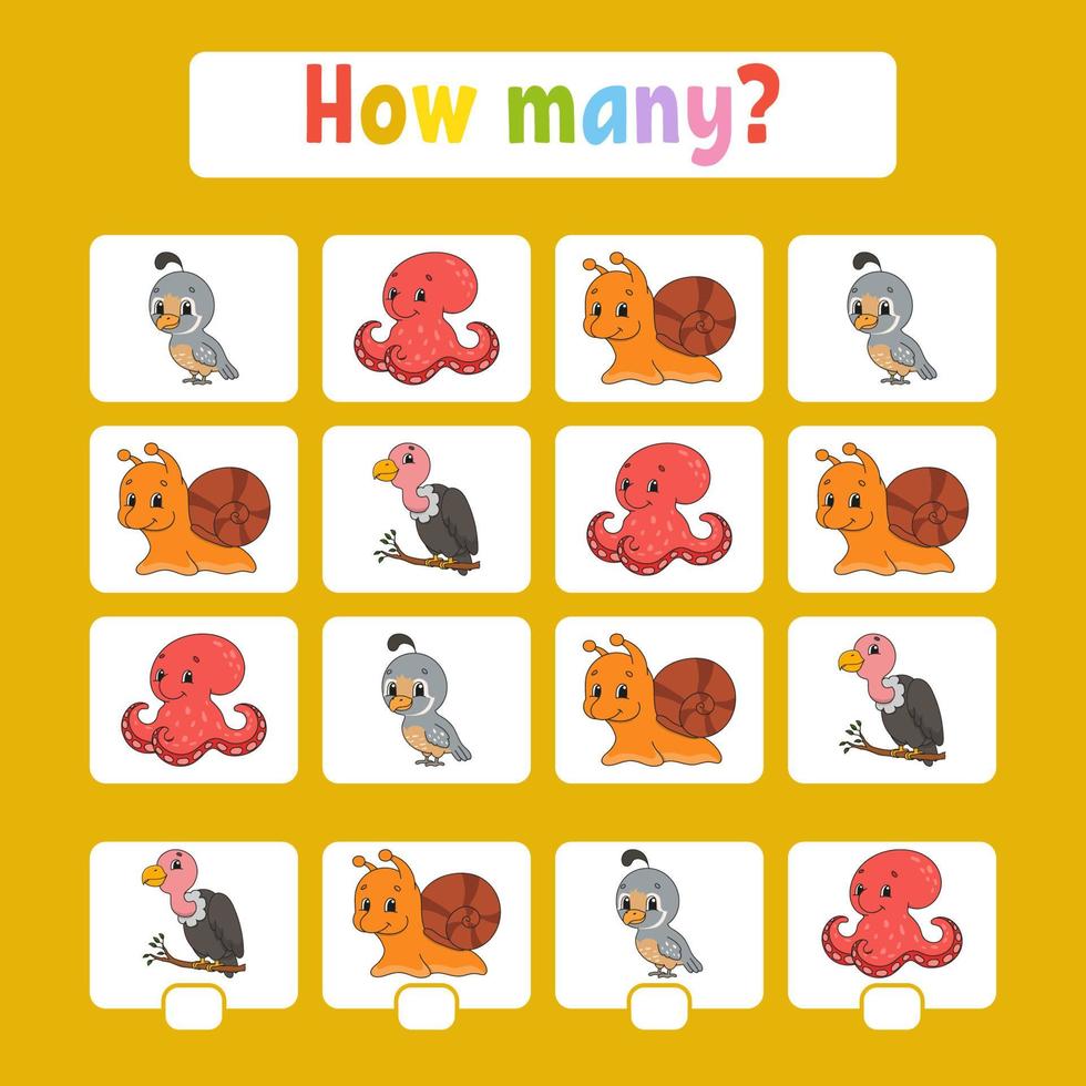 Counting game for children of preschool age. Learning mathematics. How many animals in the picture. With space for answers. Simple flat isolated vector illustration in cute cartoon style.