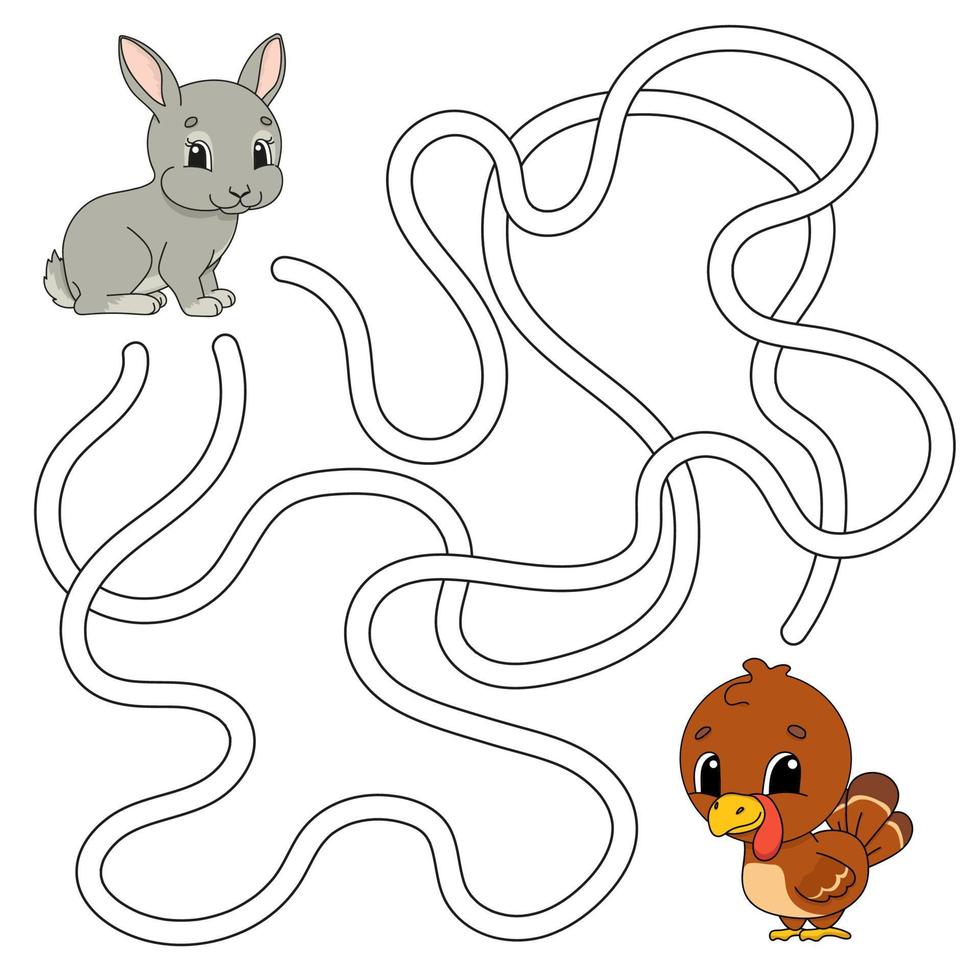 Funny maze. Game for kids. Puzzle for children. Cartoon style. Labyrinth conundrum. Color vector illustration. Find the right path. The development of logical and spatial thinking.