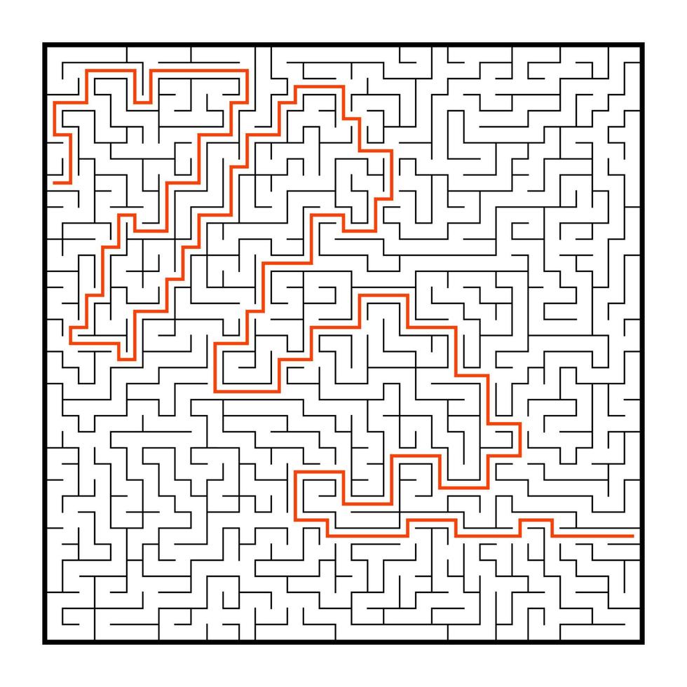 Abstract square maze. Game for kids. Puzzle for children. One entrance, one exit. Labyrinth conundrum. Flat vector illustration isolated on white background. With answer.