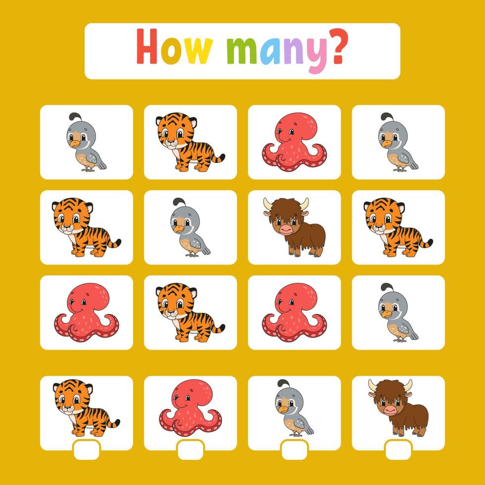 Counting game for children of preschool age. Learning mathematics. How many animals in the picture. With space for answers. Simple flat isolated vector illustration in cute cartoon style.