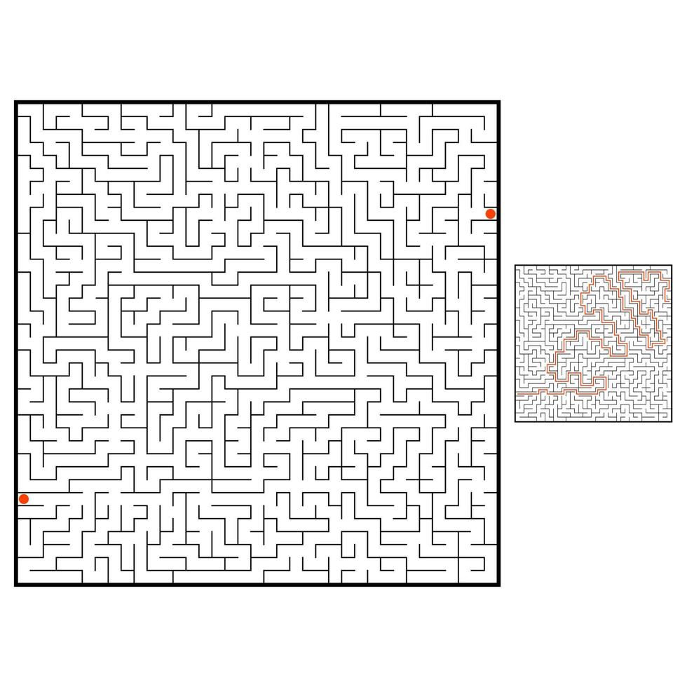 Abstract square maze. Game for kids. Puzzle for children. One entrance, one exit. Labyrinth conundrum. Flat vector illustration isolated on white background. With answer.