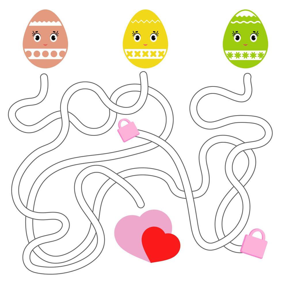 Color abstract labyrinth. Kids worksheets. Activity page. Game puzzle for children. Cute egg toon, the way to the heart, holiday, Easter. Maze conundrum. Vector illustration.