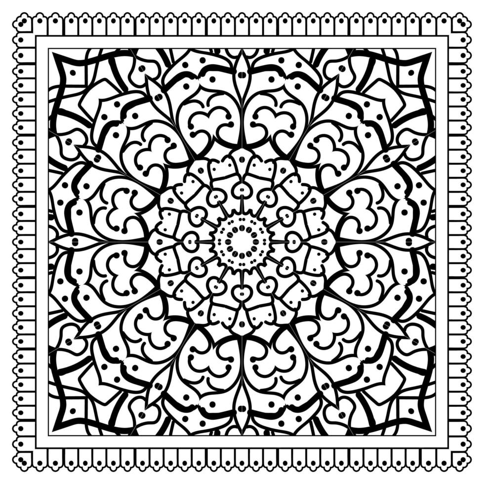 Outline square flower pattern in mehndi style for coloring book page vector