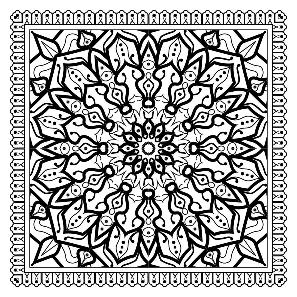 Esquema de patrón de flores cuadradas en estilo mehndi para colorear la página del libro vector