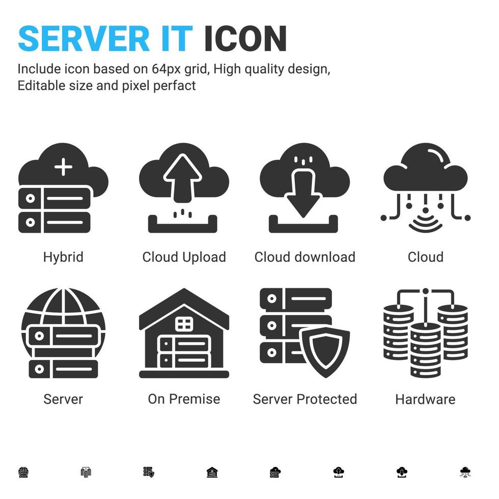 Server IT and technology icon set. Editable size. With glyph style on isolated white background. Server IT icon set contains such icons as cloud, hybrid, server, hardware, database and on premise vector