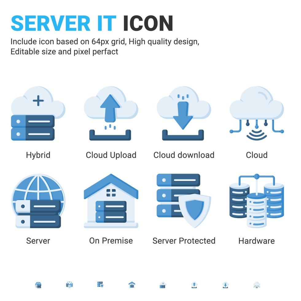 Server IT and technology icon set. Editable size. With flat color style on isolated white background. Server IT icon set contains such icons as cloud, hybrid, server, hardware, on premise and other vector