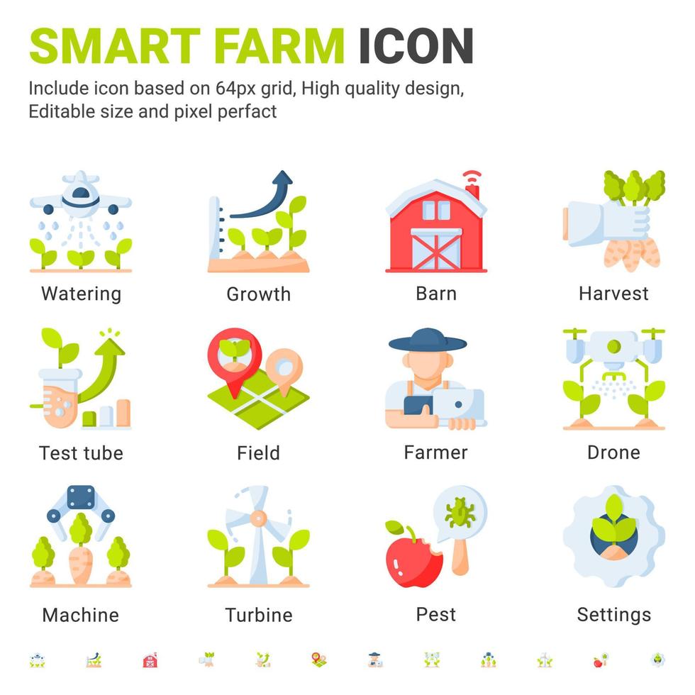 vector conjunto de iconos de granja inteligente aislado sobre fondo blanco. Ilustración de símbolos de color plano de tecnología de agricultura, icono de concepto de gestión de agricultores de innovación para elementos de agricultura digital y otros