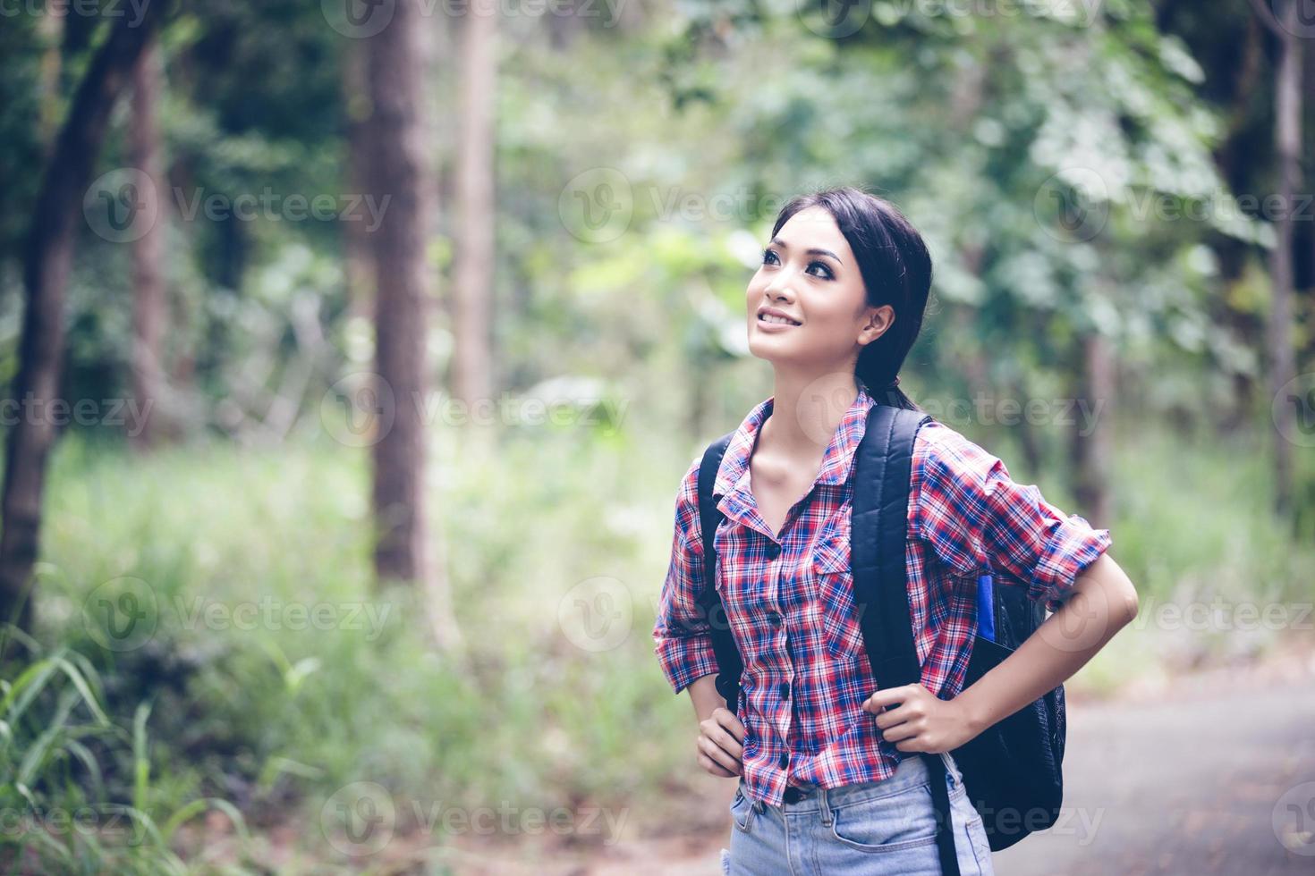 Young Women Hikers on Relax time on holiday concept travel in forest photo