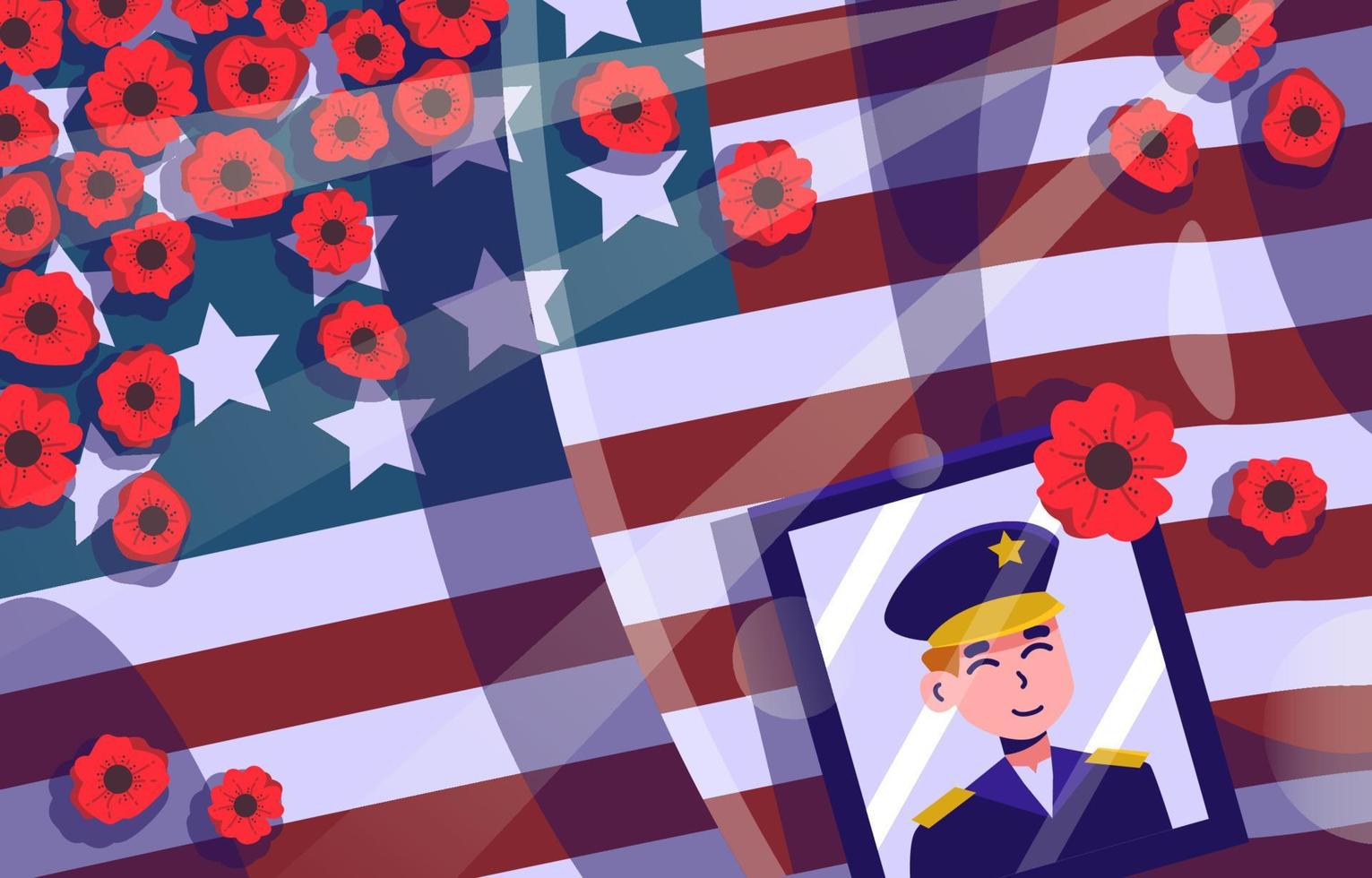 Bandera de Estados Unidos con foto de veteranos y amapolas. vector