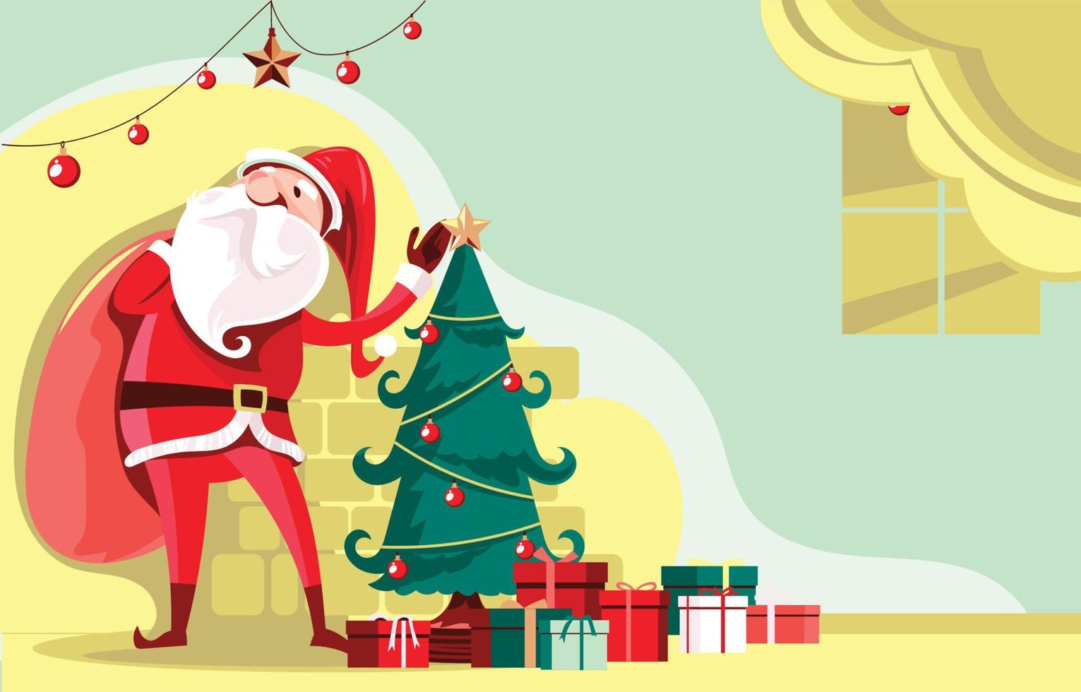 Santa Claus with  Santa Bag and Christmas Tree Background vector