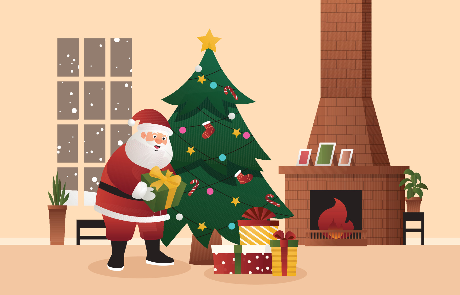 La entrega de regalos de Navidad Compras de Navidad online. Escena de año  nuevo con el árbol y los regalos. Hombre de gorro de Papá Noel para  celebrar la Navidad. La mañana