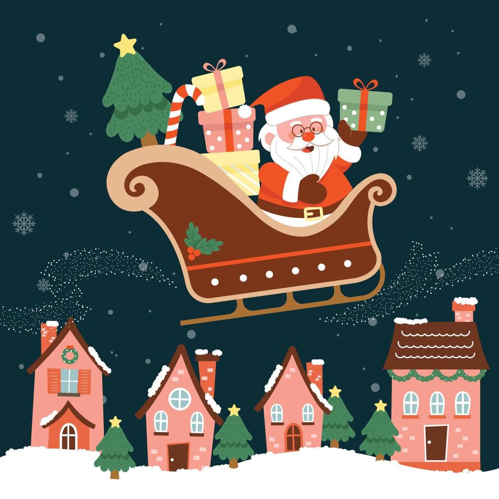 Santa on a Flying Sled Filled with Gifts vector