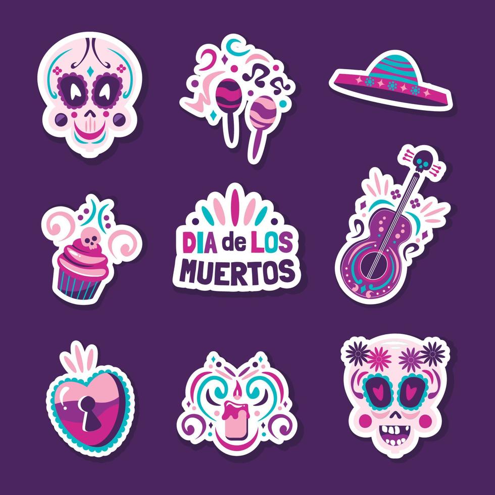 colección de pegatinas de iconos de dia de los muertos vector