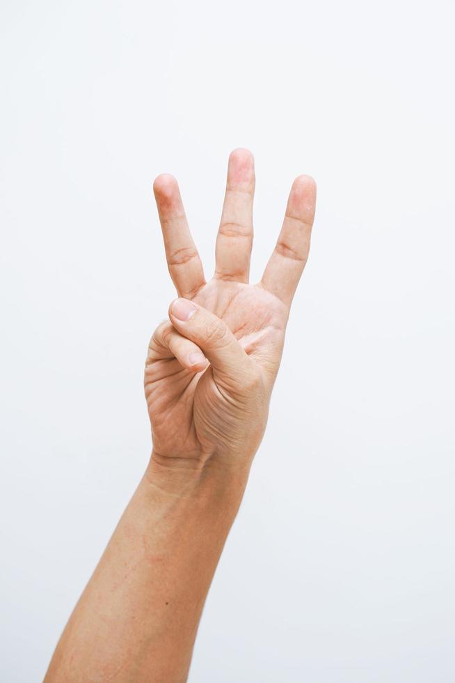 Man hand showing three fingers on white background photo