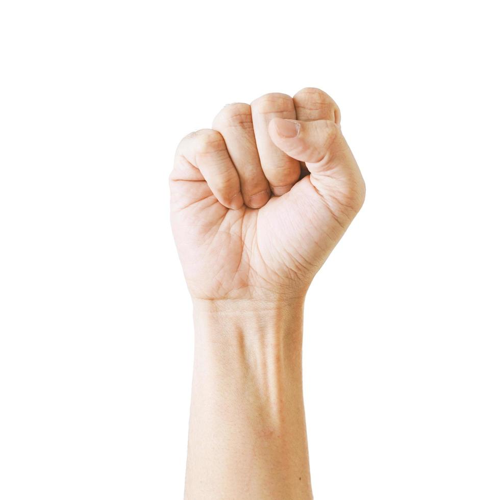 Asian male clenched fist, isolated on a white background Man hand with a fist photo