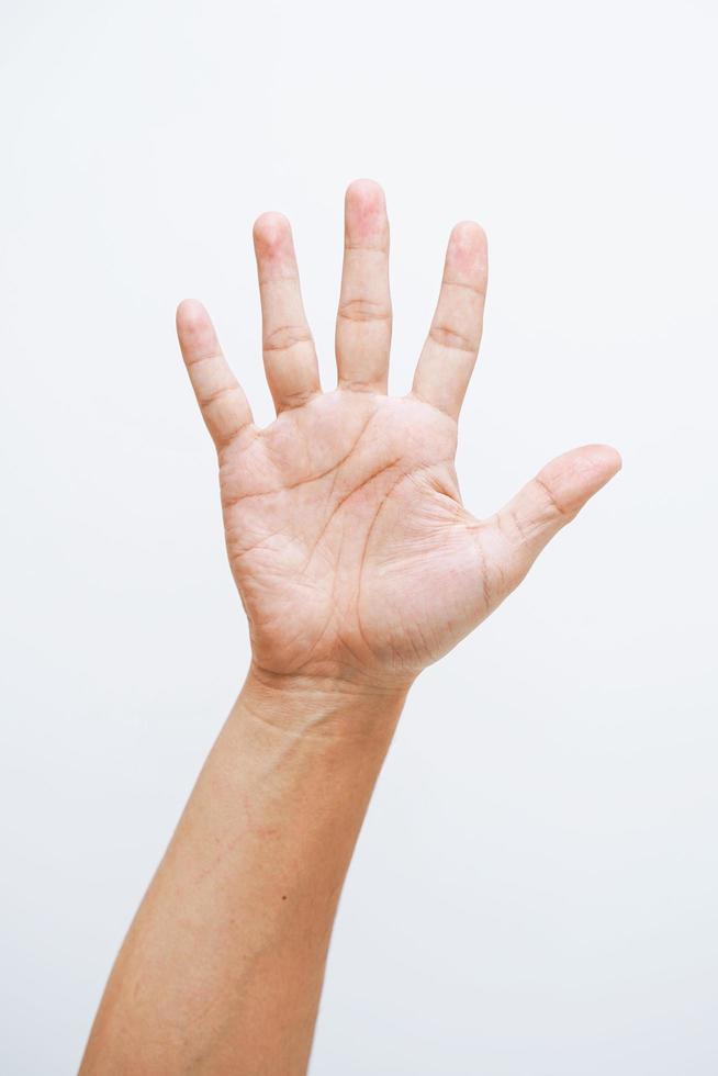 Man hand showing five fingers on white background photo